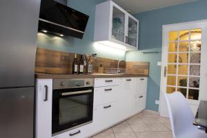 - une cuisine avec des appareils électroménagers blancs et des murs bleus dans l'établissement Kasa Jura 2 - Centre ville - Proche pistes de ski, à Saint-Claude