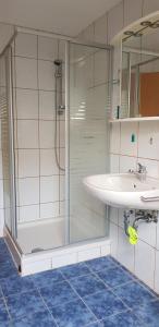 ein Bad mit einer Dusche und einem Waschbecken in der Unterkunft Ferienwohnung Karin in Eltmann