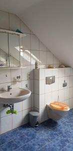 łazienka z toaletą i umywalką w obiekcie Ferienwohnung Karin w mieście Eltmann