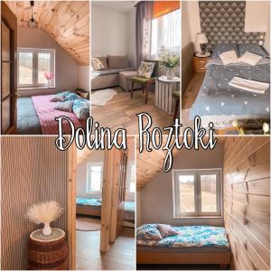 eine Collage mit Fotos von einem Schlafzimmer und einem Wohnzimmer in der Unterkunft DOLINA ROZTOKI-mieszkanie,pokoje lub domek z lokalem na poddaszu in Bircza