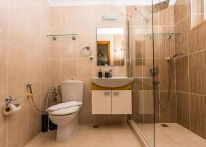 een badkamer met een toilet, een wastafel en een douche bij Villa Ates in Kas +14 foto's