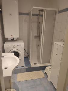 La salle de bains est pourvue d'un lavabo et d'un lave-linge. dans l'établissement 3-Zimmer-Wohnung-Kalvariengürtel, à Graz