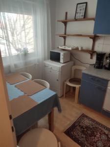 une chambre avec une table, des chaises et une fenêtre dans l'établissement 3-Zimmer-Wohnung-Kalvariengürtel, à Graz