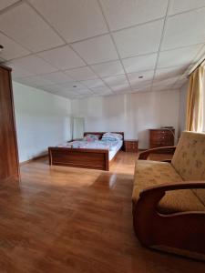 een slaapkamer met een bed en een bank in een kamer bij Drevenica Vitanová in Vitanová