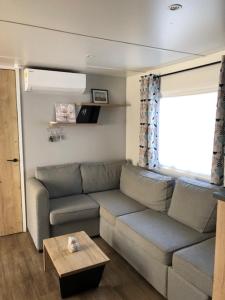ein Wohnzimmer mit einem Sofa und einem Tisch in der Unterkunft camping les sables du midi in Valras-Plage