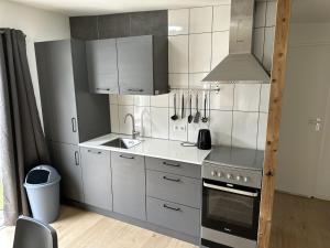 a kitchen with white cabinets and a sink and a stove at Bospark Wolfsven - BPW 1110 in Mierlo