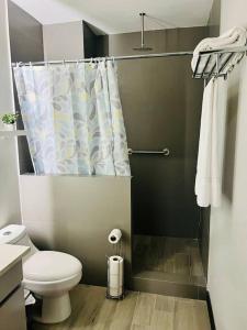 a bathroom with a toilet and a shower curtain at Elegante y acogedor apartamento en el corazón de San Salvador in San Salvador