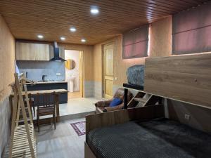卡茲別吉的住宿－cozy apartments kazbegi，一间设有双层床的小房间和一间带书桌的厨房