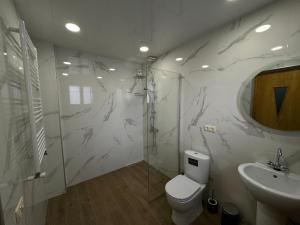 a bathroom with a toilet and a shower and a sink at cozy apartments kazbegi in Stepantsminda