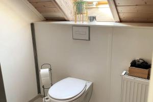 a small bathroom with a toilet and a shelf at Erlebnis im denkmalgeschütztem Bahnhofsgebäude in Engen