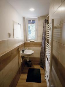 a small bathroom with a sink and a window at Hostinec Klopoty in Říčky