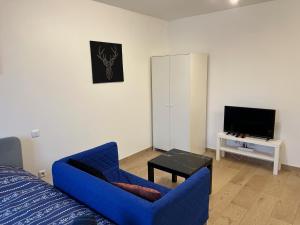 a living room with a blue couch and a tv at Studio lumineux in Saint-Denis