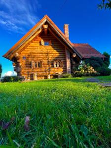 uma cabana de madeira num campo de relva verde em Kuća za odmor “Mita” em Sveti Martin na Muri