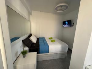een kleine slaapkamer met een bed en een televisie bij JeLe Guest Room in Playa del Inglés