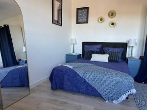 una camera da letto con un letto con un piumone blu e uno specchio di Mas de Rofa proche Pôle mécanique Alès a Saint-Martin-de-Valgalgues Altre 71 foto