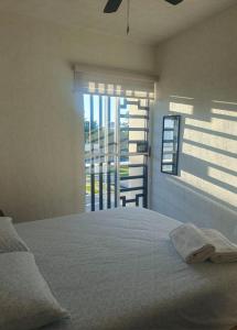 普拉亚卡门Flor de Lantana的一间卧室，里面有一张床和一扇大窗户。