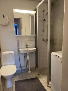 een badkamer met een toilet, een wastafel en een douche bij Apartment Kopin2 in Kokkola