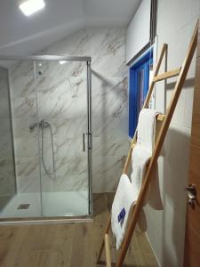 a bathroom with a shower and a towel rack at CASA DO AVÒ in Castrelo de Miño