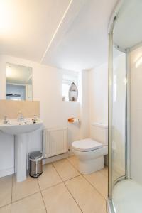 a bathroom with a toilet and a sink and a shower at 1 Ruscon Cottage in Brancaster