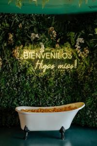 a bath tub in front of a wall with flowers at R2 HIGOS BEACH in Costa Calma