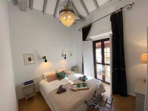 a bedroom with a large bed with a chandelier at La Casa de Albahr in Chipiona