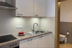 a kitchen with a sink and a bowl of fruit at Appartements Weisshauserhof in Appiano sulla Strada del Vino