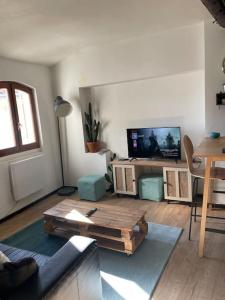 ein Wohnzimmer mit einem Sofa und einem TV in der Unterkunft Appartement cœur du centre-ville in Avignon