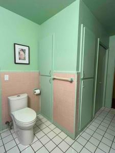 a bathroom with a toilet and a shower at Chic 50s Time Capsule Downtown/OU Med/OK Capitol in Oklahoma City