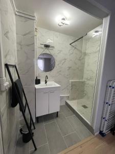 La salle de bains est pourvue d'un lavabo blanc et d'une douche. dans l'établissement Appartement urbain à deux pas de la plage, au Havre