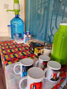 南威的住宿－EAST SANDBANK apartment eco-friendly Nungwi airport road，坐在桌子上的一组咖啡杯