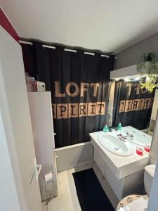 uma casa de banho com uma cortina de chuveiro preta e um lavatório. em Charmant appartement T2 avec Balcon em Saint-Cyprien