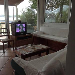 uma sala de estar com um sofá e uma televisão em Traditional house with great view 90m from the sea em Salamís