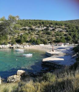 a beach with two boats in the water at HOUSE Kod dide in Primošten
