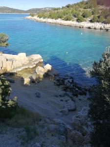 a beach with blue water and rocks and trees at HOUSE Kod dide in Primošten