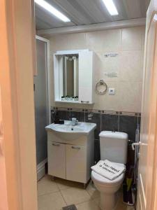een badkamer met een toilet, een wastafel en een spiegel bij Calvin Apartment 9 in Ohrid