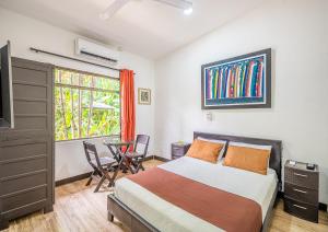 een slaapkamer met een bed, een tv en een raam bij Jaco Lodge Quiet Place in Jacó
