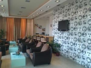 a living room with couches and a tv on a wall at Ionion Hotel in Kyparissia