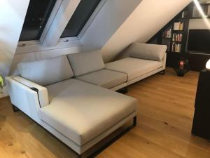 een woonkamer met een witte bank en een boekenplank bij Großzügiges Loft mit Klimaanlage und Dachterrasse in Wenen