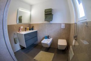 a bathroom with a sink and a toilet and a mirror at Casa Calma in Pino Lago Maggiore