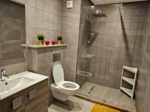 a bathroom with a shower and a toilet and a sink at Genius 3 Bedroom Apartment with Beautiful Terrace Space, Casablanca in Casablanca