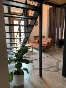 卡利亞里的住宿－My exclusive cavour loft da sogno a cagliari，带沙发和盆栽植物的客厅