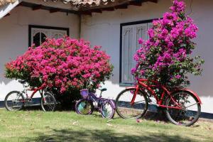 three bikes parked in front of a house with pink flowers at Casa Histórica en Boyacá in Sogamoso