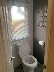 a bathroom with a white toilet and a window at Garden View Retreat in Ulrome