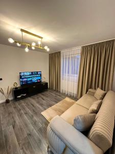 a living room with a couch and a flat screen tv at Evelyn Apartment in Bistriţa