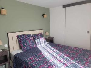 a bedroom with a bed with a colorful comforter at Gite Des pins in Vendémian