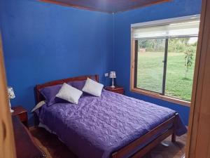 Dormitorio azul con cama y ventana en Cabañas los tres hermanos, en Linares