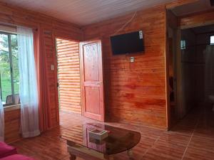 sala de estar con paredes de madera y TV de pantalla plana. en Cabañas los tres hermanos, en Linares