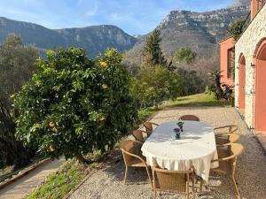 uma mesa e cadeiras com uma laranjeira e montanhas em Grande villa de 8 chambres avec piscine et tennis em Tourrettes-sur-Loup