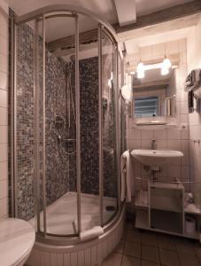 W łazience znajduje się prysznic i umywalka. w obiekcie Hotel Burg Abenberg w mieście Abenberg