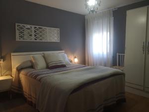 a bedroom with a large bed and a chandelier at Casal de Perros 
